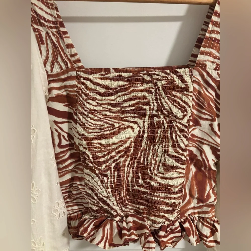 ANTHROPOLOGIE Love The Label Smocked Eyelet Puff Sleeve Blouse with Zebra Bodice
